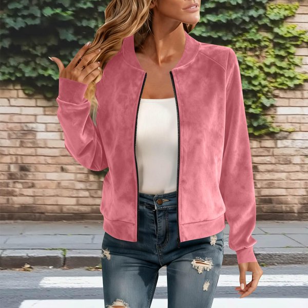 Damska Moda Jednolity Kolor OkrąGłY Dekolt DłUgi RęKaw Zamek BłYskawiczny Zamsz KróTka Kurtka Styl Bomber Okrycie Wierzchnie Codzienny Lekki XL Brown-image