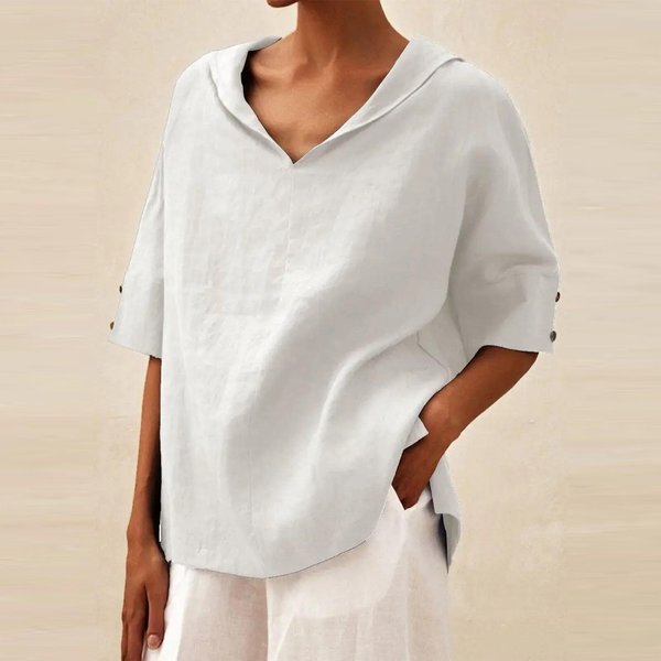 Camiseta Holgada De AlgodóN Y Lino Para Mujer, De OtoñO, Con Cuello En V, Manga Corta Y Botones. L Gray-image