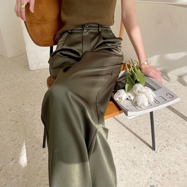 Pantalones De SatéN De Seda De Verano Para Mujer, Pantalones Informales De Cintura Alta, Moda Coreana Negra, Traje Con Pernera Ancha, Pantalones Para Mujer XL Verde-image