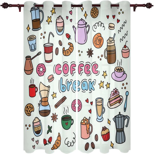 2 Piezas CafeteríA Doodle Tetera Taza Comida Cortinas De Ventana Dormitorio DecoracióN De Cocina Panel De Cortina Cortinas De Ventana Para Sala De Estar Café W60Xh100(Cm)X2Pcs&Rod Pocket-image