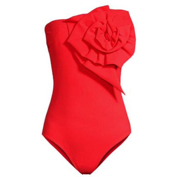 Monokini Bandeau Sin Mangas Para Mujer DecoracióN De Flores 3D Bikini De Una Pieza Color SóLido Espalda Descubierta Secado RáPido Traje De BañO L-image