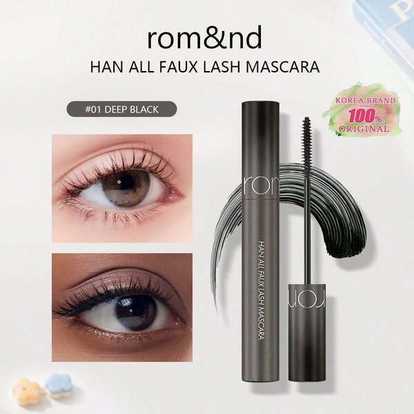 Rom&nd HAN ALL Faux Lash Mascara 01-03, PogrubiająCy, WydłUżAjąCy, PodkręCająCy, Wodoodporny, Odporny Na Rozmazywanie, , KoreańSki Kosmetyk, , Prezent 01 Deep Black-image