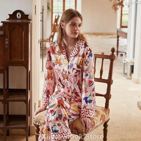 Conjunto De Pijama De Seda Imitada Para Mujer OtoñO E Invierno Felpa Manga Larga PantalóN Solapa Suave Ropa De Casa M Brown-image