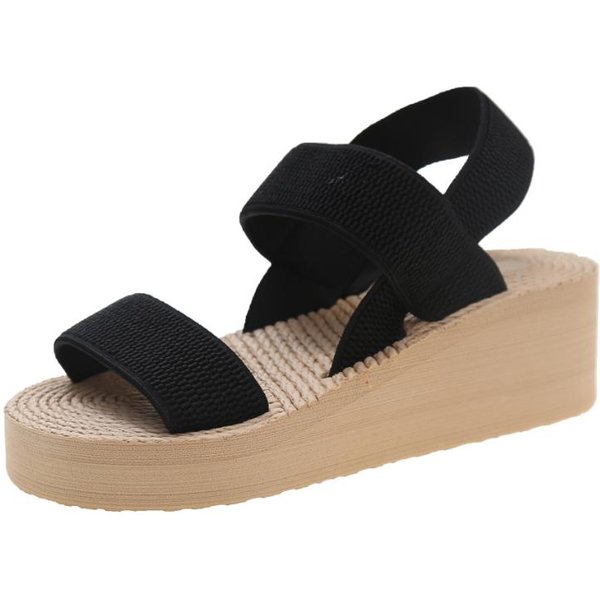 Zapatos De Venta Caliente Para Mujer Sandalias De Verano Para Mujer Color SóLido TacóN Medio Impermeables Punta Abierta Banda EláStica Sandalias De Playa Mujer 41 Negro-image