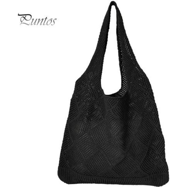 Bolso De Hombro De Punto Para Mujer Bolso Tote Casual De Gran Capacidad Bolso De Hombro Calado De Color SóLido Para Salidas Diarias Compras Escuela Negro-image