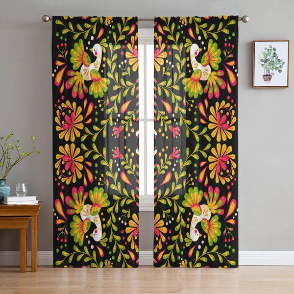 Cortinas Voile Transparentes GeoméTricas Mexicanas De Flores Y PáJaros Para Ventana De Sala De Estar, Cortina De Tul De Gasa Para Cocina, Dormitorio, Cortinas, DecoracióN Del Hogar 135W X 114H(Cm) Yellow-image