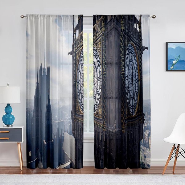 LondyńSki Krajobraz SłYnne Miasto Anglia Big Ben Tiulowe Przezroczyste ZasłOny Okienne Do Salonu Sypialni Nowoczesne Woalowe ZasłOny Dekoracja 1 PCS W100Xh250Cm&Grommet Top Gray-image