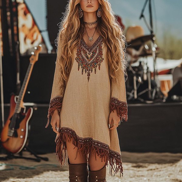 Modna Sukienka Boho Z Dekoltem W Serek I DłUgim RęKawem, Z Nadrukowanym Wzorem Vintage, Koronką, LuźNa, Nowa Wiosenna, Z FręDzlami Patchworkowa Sukienka Damska Xl-image