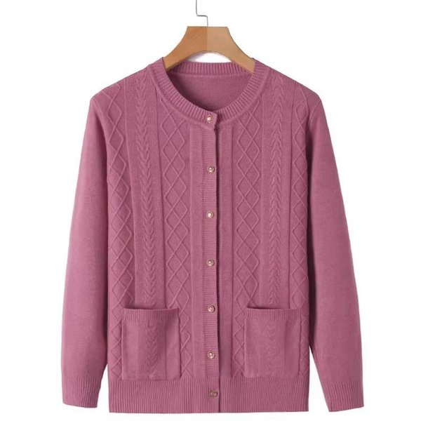 SuéTeres De Punto Suave Para Mujeres Mayores De Mediana Edad Primavera OtoñO SóLido Elegante Chaqueta CáRdigan Prendas De Abrigo Tops Madre M Pink-image