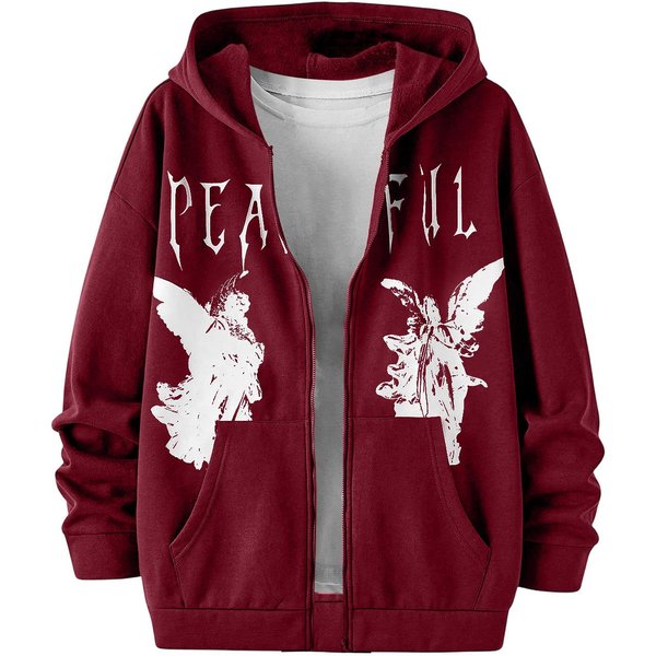 MęSka Zimowa Bluza Z Kapturem Na Zamek Z Nadrukiem AniołA W Stylu Y2K, Kieszeń Z Przodu, DłUgi RęKaw, Casualowy Streetwear, Bluza Z Kapturem M Wino-image