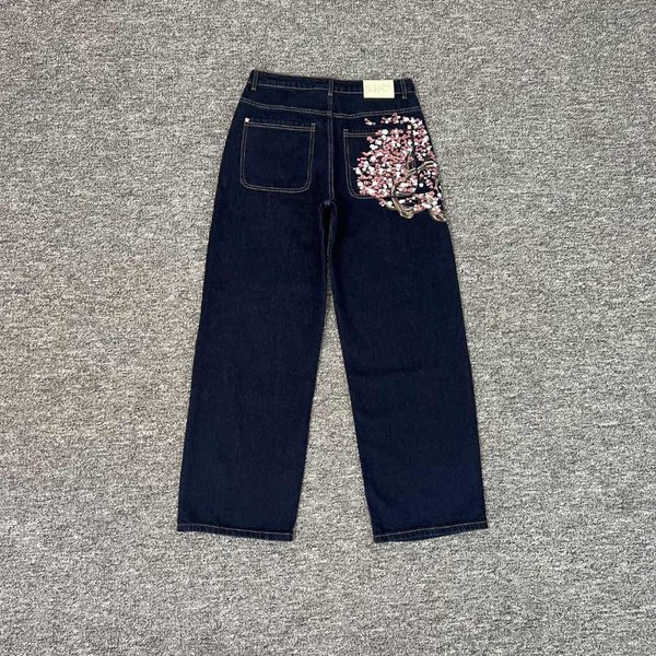 Wysokiej JakośCi Jeansy Y2K Harajuku Goth Vintage WzóR Haftu Kwiat ŚLiwy Szerokie Nogawki Tkanina DżInsowa AmerykańSki Styl Street Wear Unisex 28 Gray-image