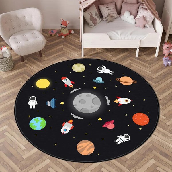 OkrąGłY Dywanik Z Promem Kosmicznym I Planetami Do Pokoju DziecięCego, AntypośLizgowa, Edukacyjna Mata PodłOgowa Do Dekoracji żłObka 120X120Cm-image