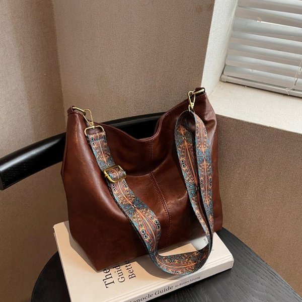 Vintage Damska Torba Typu Tote Modna Torba Na Ramię Z PU O DużEj PojemnośCi Prosta Szeroka Torba Typu Bucket Crossbody Kawowy-image