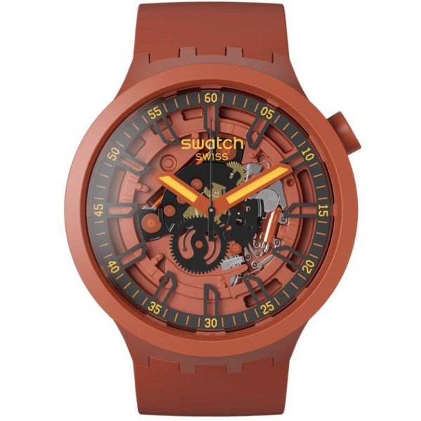 Reloj Swatch Serie Big Bold Movimiento De Cuarzo Resistente Al Agua 30 Metros 47 Mm Esfera Color Café Caja De PláStico Correa De Silicona Relojes Unisex SB01R100 Red Brown Brown-image