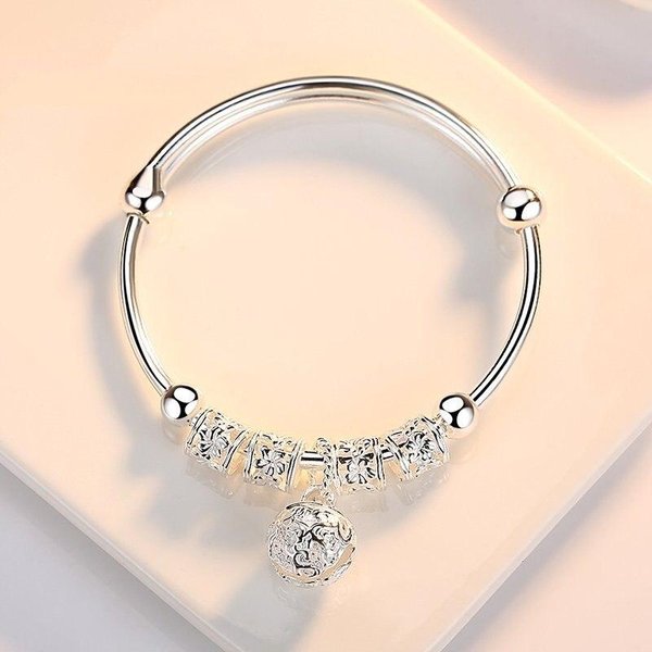 Pulsera Y Brazalete Con Dije De Bola Redonda De Plata Esterlina 925 Para Mujer, Elegante JoyeríA De Boda White-image
