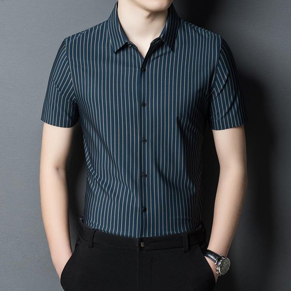 Camisa De Negocios Casual De Verano Para Hombres De Mediana Edad Camisa Guapo Holgada Rayas Verticales Camisa De Manga Corta Para Hombre M Gray-image
