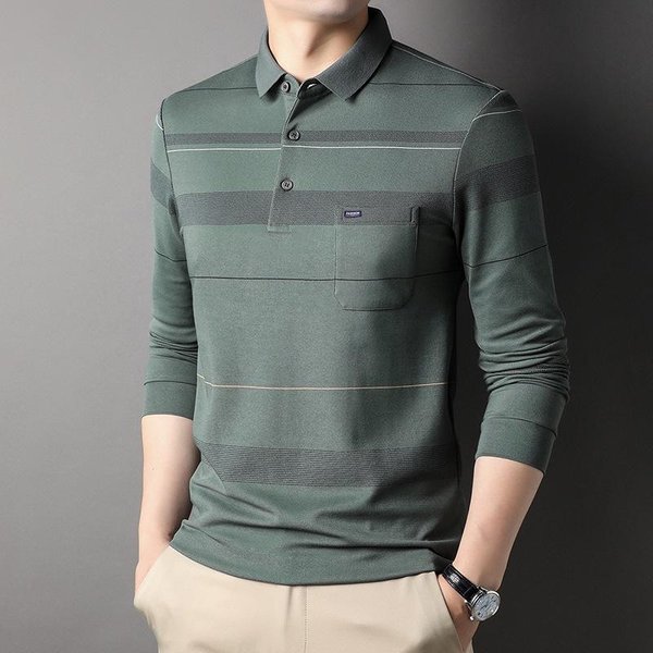 Polo De Manga Larga Con Bolsillo, Estilo Nuevo De OtoñO, Camiseta Informal A Rayas Para Hombre De Mediana Edad, Tendencia De Moda Para Papá. Xxxl Gray-image