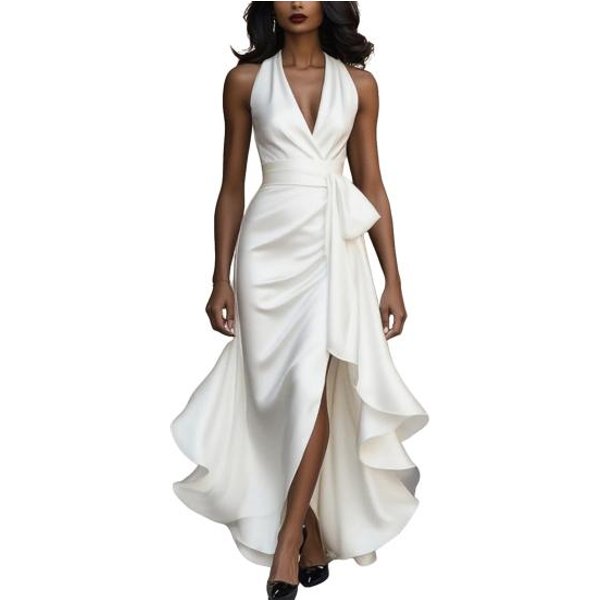 Vestido De Fiesta Midi De Raso Con Volantes Para Mujer, Sin Mangas, Cuello En V, Halter, Lazo En La Cintura, Bajo Alto, Invitada De Boda, Fiesta, CóCtel M-image