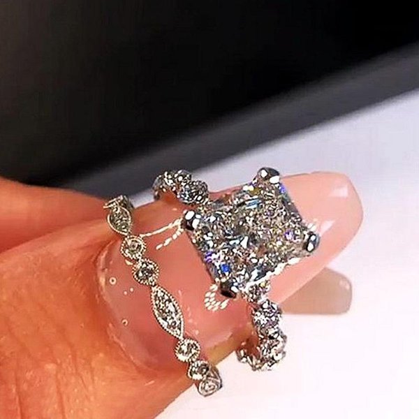 Huitan Conjuntos Creativos De Boda Anillos Moda Mujer DiseñO Doble Apilable Anillo Brillante Cuadrado De Circonita CúBica Blanca JoyeríA 7-image