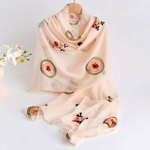 Letni Lekki Przewiewny BawełNiano-Lniany Szalik Z Haftem Styl Etniczny Modny MięKki Damski Ochrona Przeciw SłOńCu Szal Szalik Beige-image