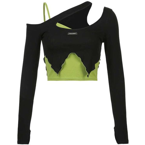 DwuczęśCiowy T-Shirt Z Odkrytymi Ramionami W Kontrastowym Kolorze, Damski, Dopasowany, Nieregularny, KróTki Top Z DłUgim RęKawem L-image