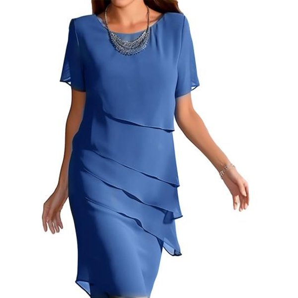 Moda Damska Szyfonowa Sukienka Z OkrąGłYm Dekoltem I KróTkim RęKawem, Jednokolorowa, Plisowana Sukienka, Elegancka, Imprezowa Midi 2XL Gray-image
