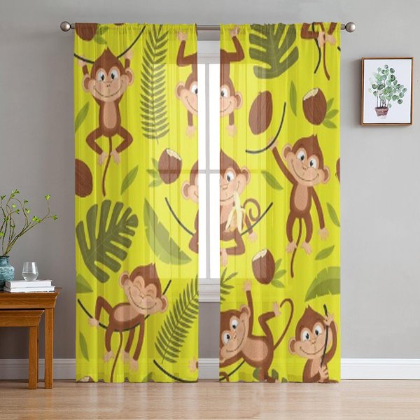 Cortinas Transparentes De Tul Amarillo Con DiseñO De Mono Para Sala De Estar Y Dormitorio, Modernas Cortinas De Gasa Y Organza, DecoracióN. 135W X 114H(Cm) Yellow-image