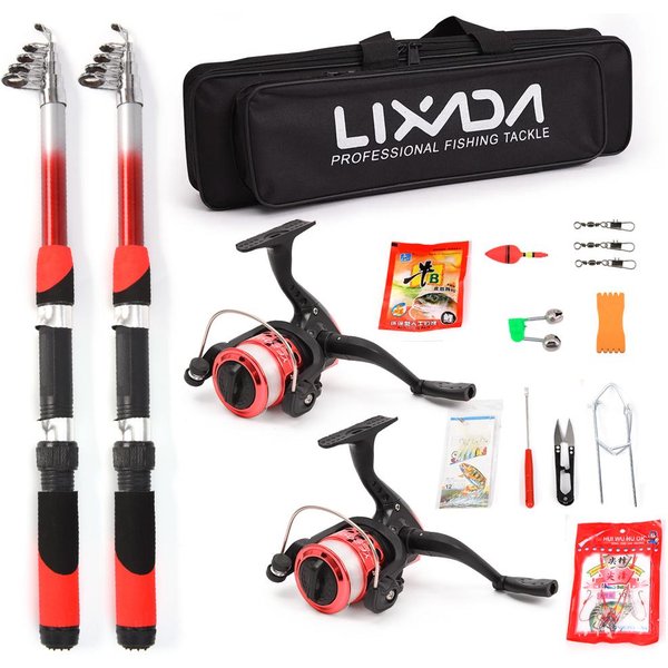 Lixada Kit Completo De Carrete De CañA De Pescar Con 2 CañAs De Pescar TelescóPicas De 2,1 M Y 2 Carretes Giratorios Rojo-image