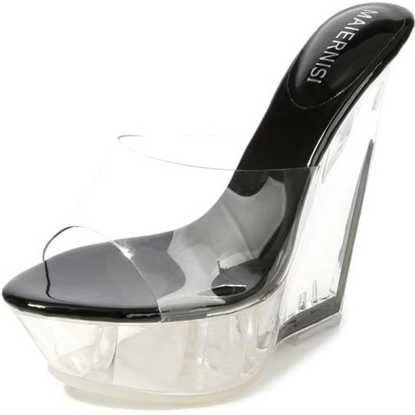 Damskie Letnie 14Cm Wysokie Obcasy 4Cm Koturny Platforma Peep Toe Slajdy Kwiatowe MułY Damskie Przezroczyste Kapcie Przezroczyste Grube Buty 36-image