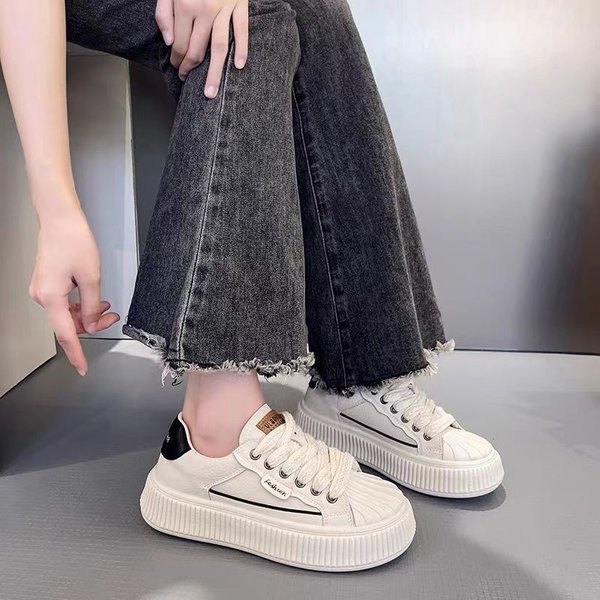 Zapatos De Mujer OtoñO Nuevo Cuero Nicho Cabeza De Concha Zapatos Blancos Plataforma VersáTil Zapatos Deportivos De Tablero Casual 40 Negro-image