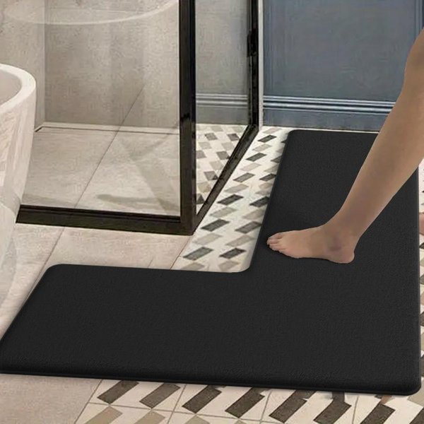 Jednokolorowa Mata PodłOgowa Pod Prysznic W KształCie Litery L, Pogrubiony Flanelowy, AntypośLizgowa Mata łAzienkowa, ChłOnna Mata Toaletowa, Wycieraczka 120X80X45Cm Czarny-image