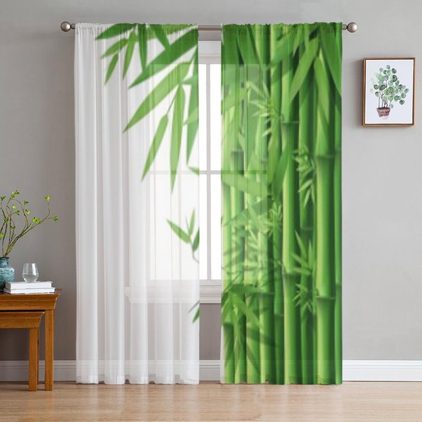 Cortinas De Tul Transparentes Verdes Blancas De Planta De Bambú Para Sala De Estar La HabitacióN Dormitorio Cocina DecoracióN Cortinas De Voile Organza 135W X 114H(Cm) White-image