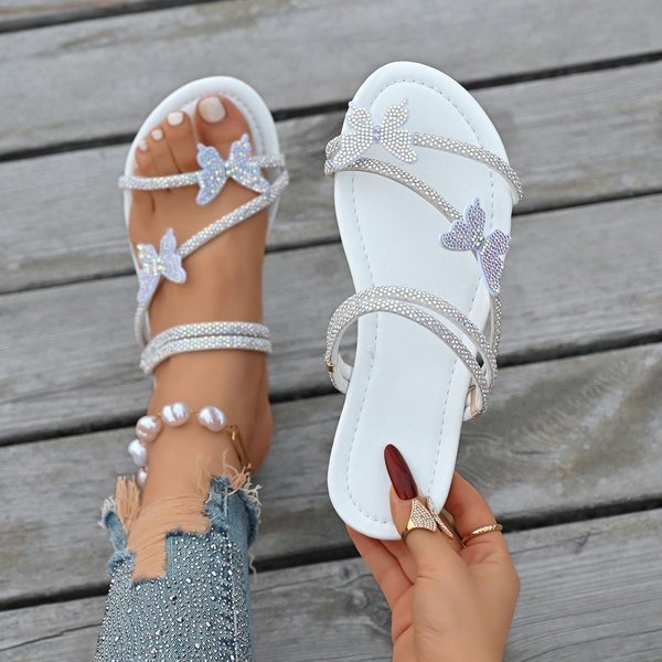 Sandalias Planas De Mariposa Con PedreríA Para Mujer Sandalias CóModas Calzado De Exterior Sandalias De Playa Sandalias Romanas Boho 43 White-image