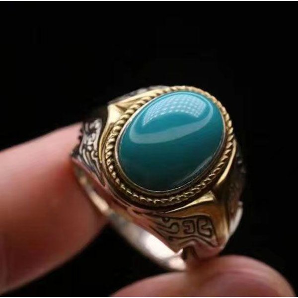 Anillos Creativos Exquisitos Brillantes Retro Vintage Estilo ÉTnico Turquesa Mongol Para Hombres Anillo Azul ElíPtico JoyeríA Fina De Banquete Resizable Black-image