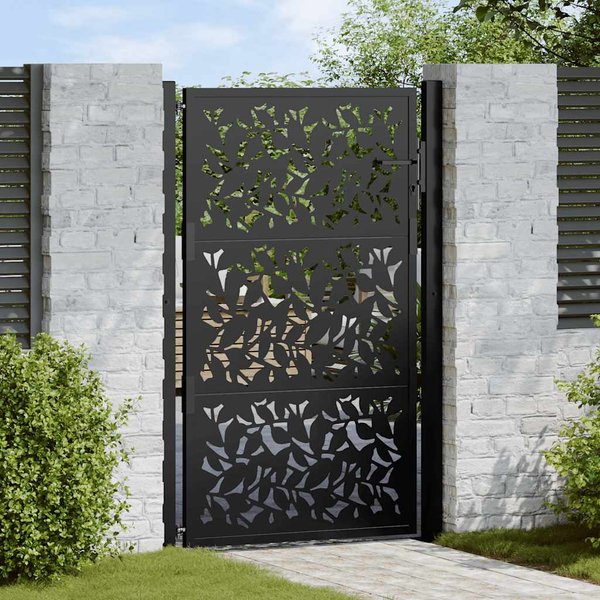 Puerta De JardíN Negra 105X155 Cm PatróN De Hoja De Acero-image