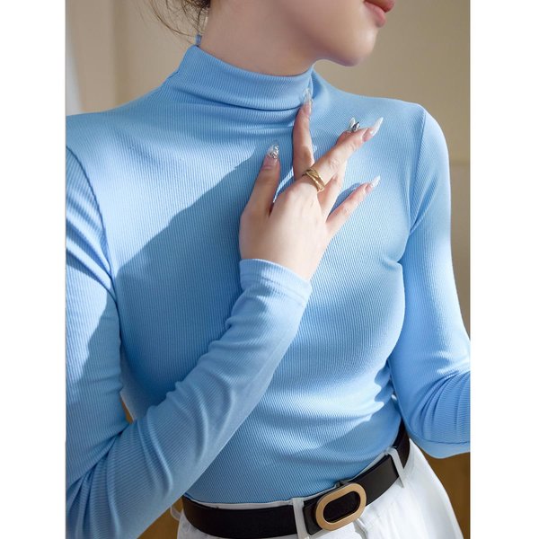 Camiseta BáSica De AlgodóN De Cuello Alto Para Mujer Camiseta De Manga Larga OtoñO E Invierno Nueva Ajustada Interior Camiseta Top L Gray-image