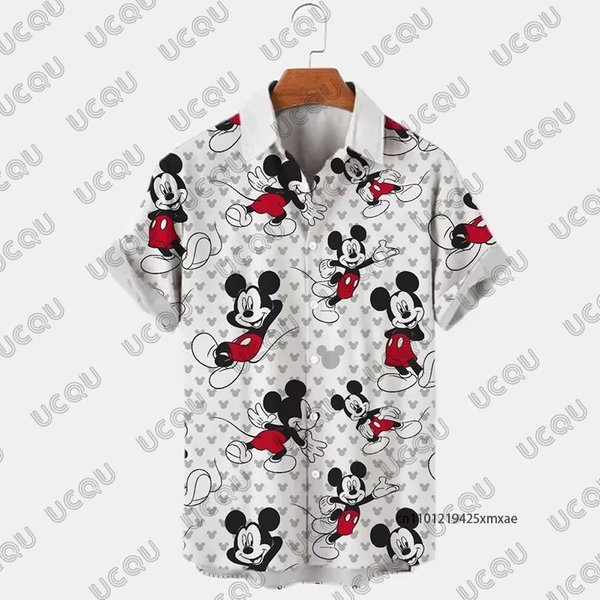2026 Disney Mickey Mouse Dibujo Animado Estampado Verano HawáI Hombres Solapa Manga Corta Camisa Casual Playa Vacaciones Oversize Adulto Top S Gray-image