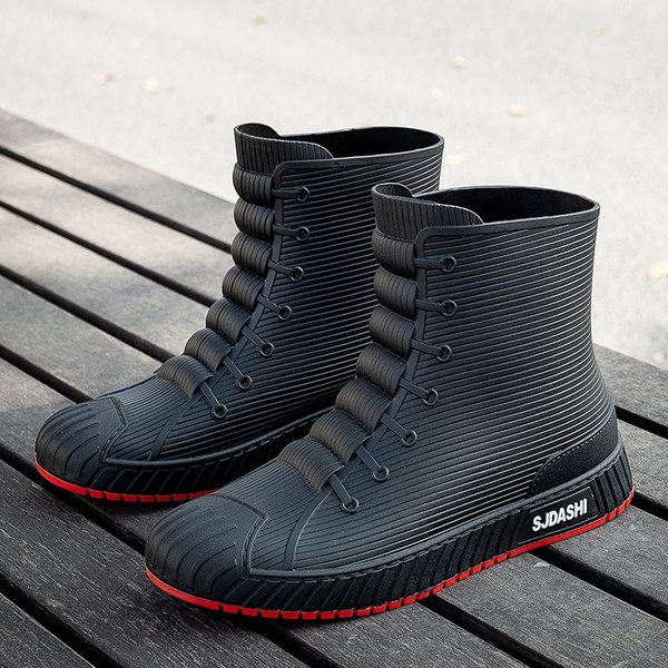 Modne MęSkie Kalosze Gumowe Gumboots Slip On PołOwy łYdki Wodoodporne Buty Robocze Komfortowe Czerwone AntypośLizgowe Buty WęDkarskie Dla MężCzyzn 41 Czarny-image