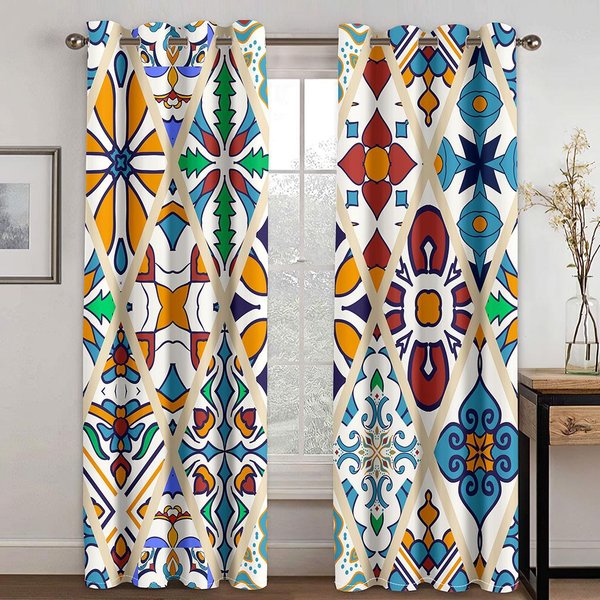 Cortinas De Ventana Estilo Bohemio Europeo Estampado De CuadríCula De Colores 2 Paneles DecoracióN De Ventana Para Hogar Marroquí Sala De Estar Dormitorio Estudio Cortinas 135W165H(Cm)53X65In&Grommet Top-image