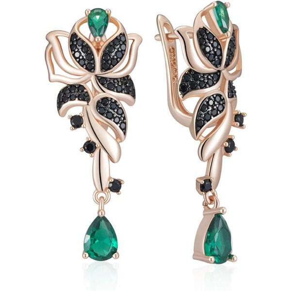 Pendientes Largos De Flor Con Circonita Natural Negra Y Verde Para Mujer Chapado En Oro Rosa Y Oro Negro JoyeríA Fina Diaria-image