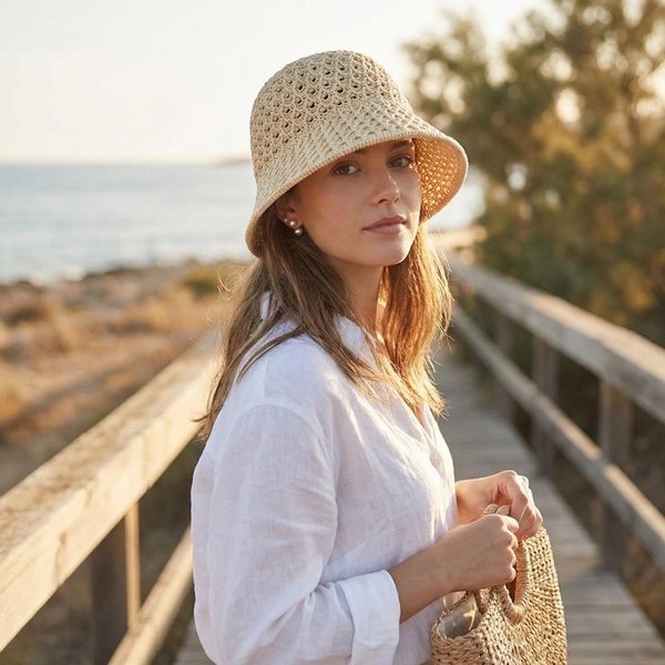 Elegancki Kapelusz PrzeciwsłOneczny Damski Outdoorowy Kapelusz Ochronny Przed SłOńCem OddychająCy Letni Modny Kapelusz Bucket Outdoorowy BeżOwy-image
