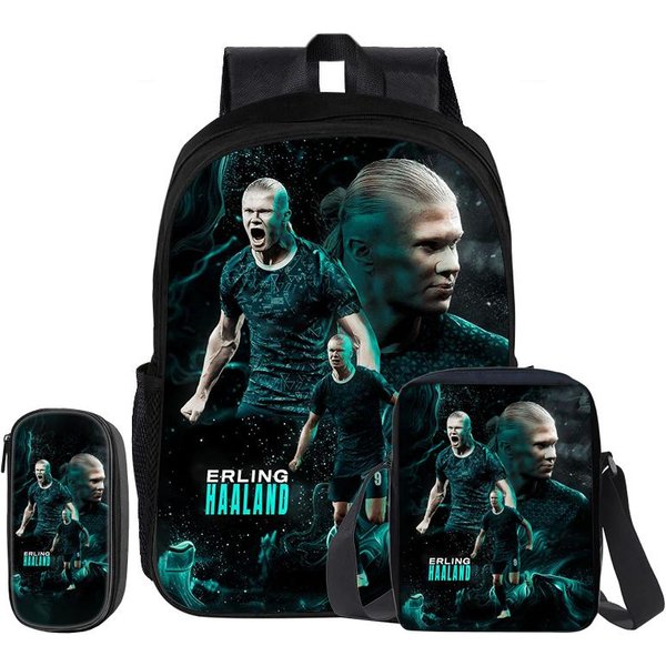 Haaland Juego De 3 Piezas Mochila Bolso De Hombro Estuches Para LáPices Bolso Para Libros Mochila Estrella De FúTbol NiñO Mochila Bolso Escolar Deportivo Regalo Para NiñOs-image