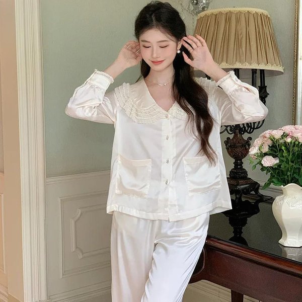 Pijama De Seda De Hielo Francesa Para Mujer OtoñO Manga Larga Pantalones CáRdigan Traje OtoñO Nuevo Conjunto XL Marfil-image
