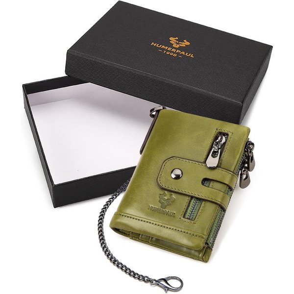 Humerpaul Cartera De Cuero Genuino Con Bloqueo Rfid Para Hombre, Monedero, Tarjetero, Cadena, Billetera Plegable Delgada Verde-image