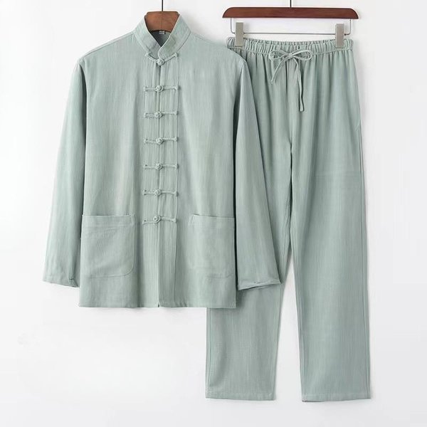 Traje Tang De AlgodóN Y Lino Estilo Chino Traje De Manga Larga Para Hombre Estilo Chino Retro Holgado Hanfu Top De Tai Chi Ropa Zen Ropa De Descanso Xxxxxl Verde Claro-image
