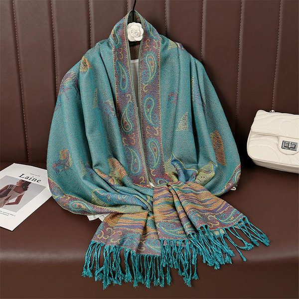 Bufanda Pashmina Estampado Paisley Para Mujer Jacquard Estampado De Anacardo Bufandas Bordes De Flores Borlas Femeninas Mantas Envolventes Chales ÉTnicos 70X190CM Gray-image