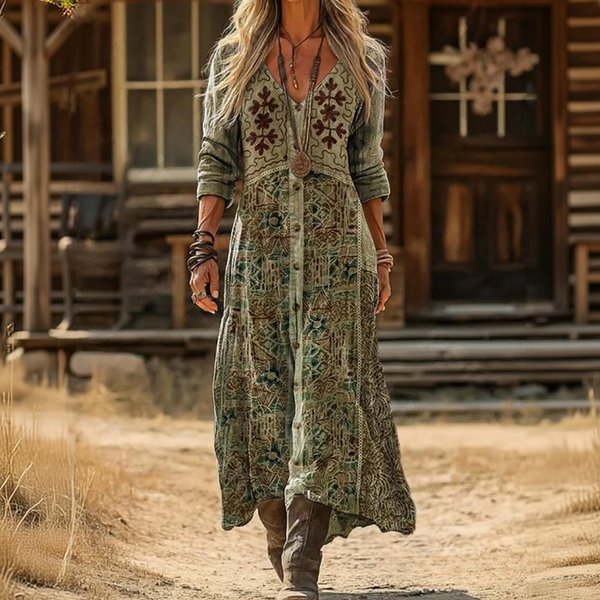 Vestido Largo Estampado Floral ÉTnico Vintage Para Mujer Bohemio Vacaciones Playa Maxi Vestido Con Cuello En V Y Corte Relajado L Verde Del EjéRcito-image