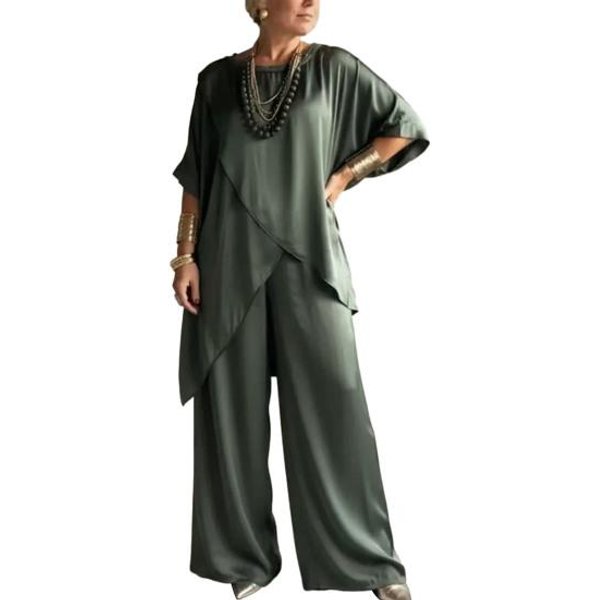 Conjuntos De SatéN De 2 Piezas Para Mujer Top De Manga Media Con Dobladillo AsiméTrico Conjuntos De Pantalones De Pierna Ancha Conjuntos Sueltos De Verano Para Estar En Casa 2XL Verde-image