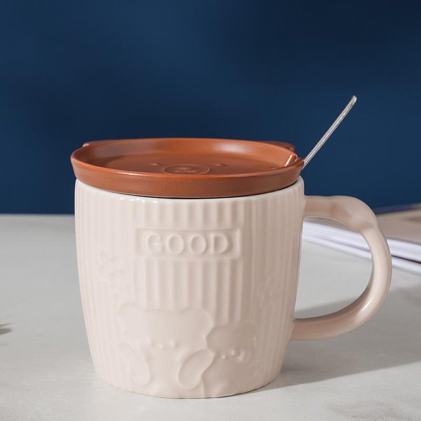 Taza De CeráMica De Oso De Dibujos Animados Simple De Nicho Con Tapa Cuchara Regalo De Souvenir Taza Linda Vaso De Agua Para NiñOs 350ML-image