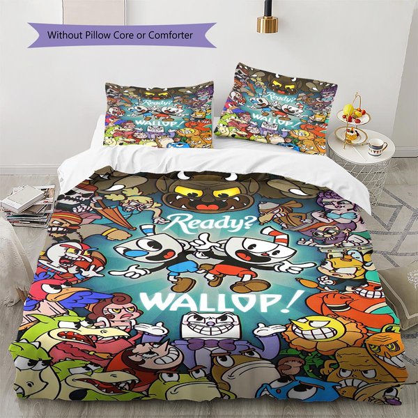 PośCiel Z Wzorem Cuphead Zestaw KołDry Poszewka Na KołDrę Poszewka Na Poduszkę Dekoracja Domu Prezent Urodzinowy (1 * Poszwa Na KołDrę + 2 * Poszewki Na Poduszki, Bez Rdzenia) 155X200Cm-image